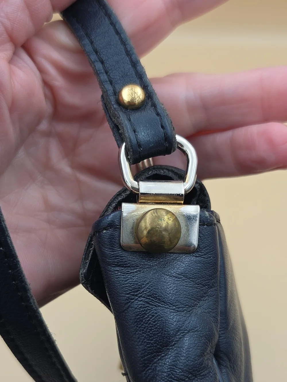 Etienne Aigner 70's Vintage Navy Leather Shoulder Bag with Gold Accent